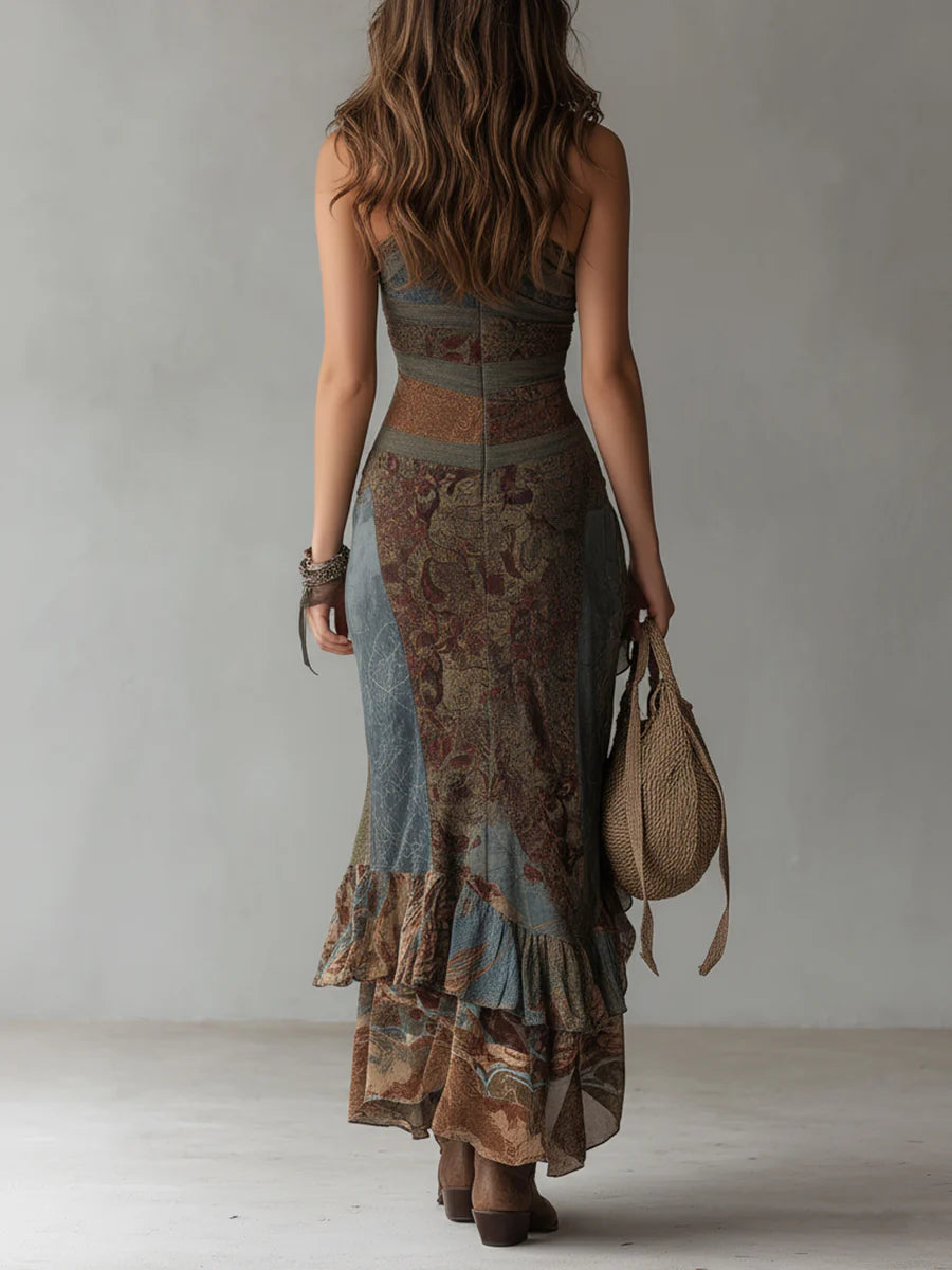 Elena - Vestido Largo Asimétrico Estampado Estilo Étnico con Abertura Alta