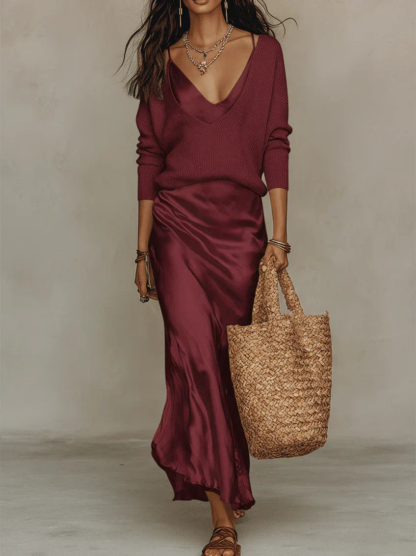Benedita | Conjunto de Vestido Slip e Tricô