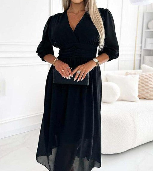 Vestido Midi em Chiffon com Decote V