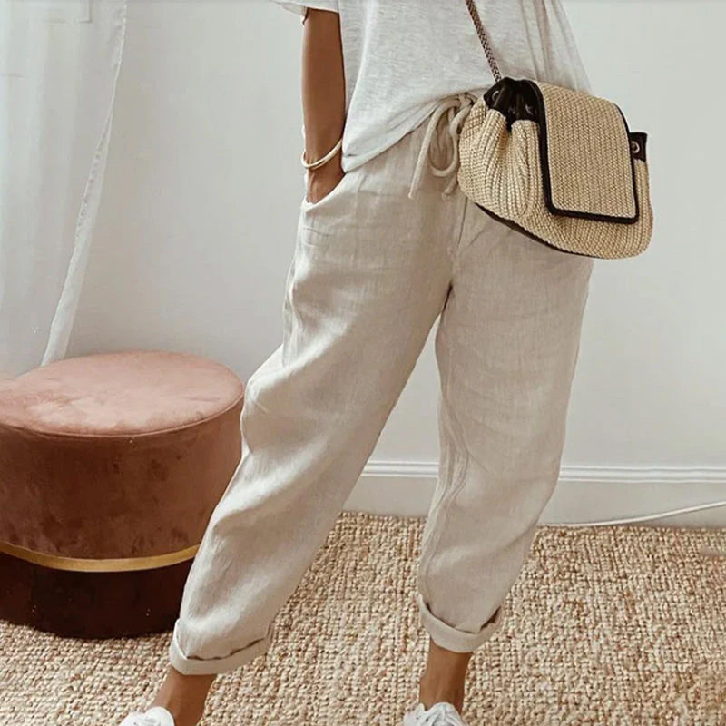 Calças de algodão casuais com bolsos e cordão