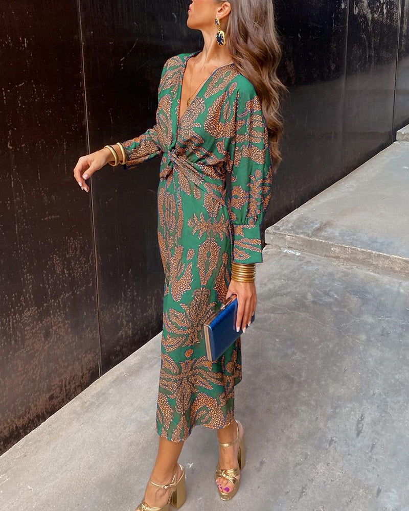 Vestido Midi Estampado Decote em V com Nó Frontal Elegante