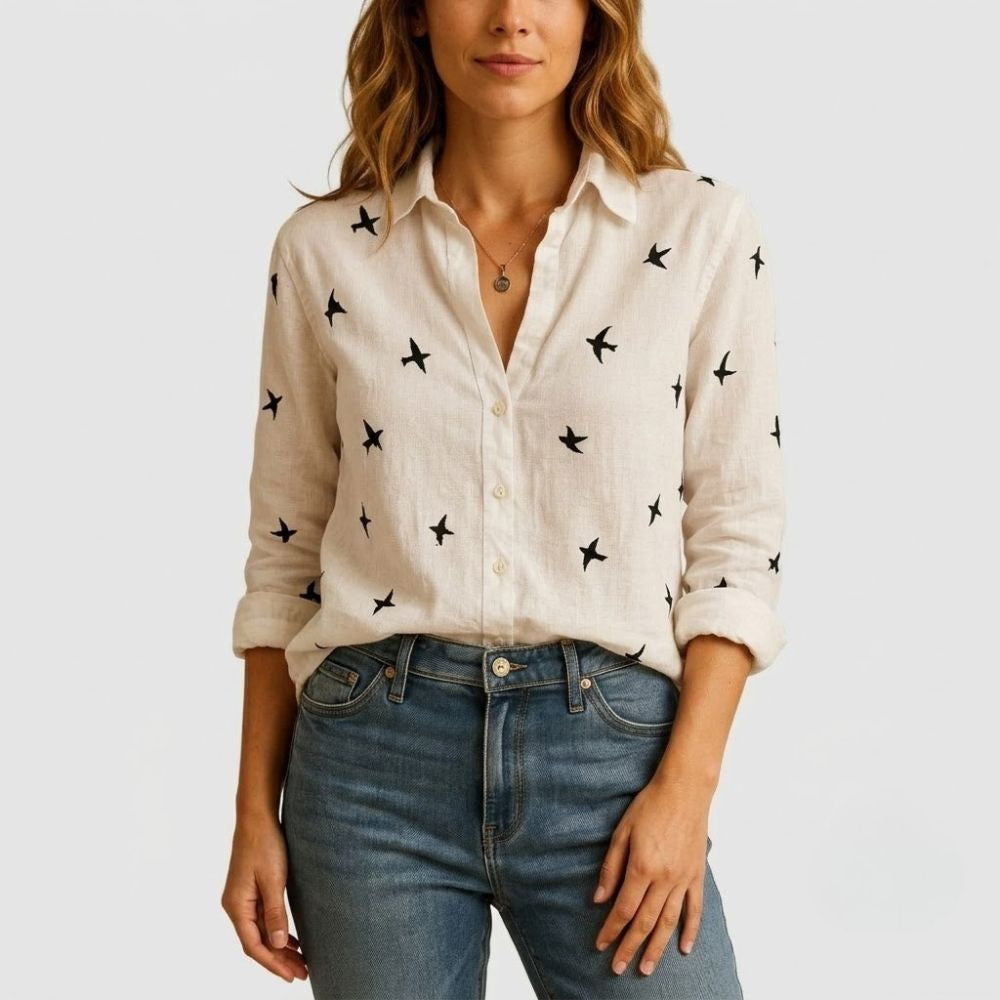 Camisa Linho Casual com Botões e Colarinho Clássico