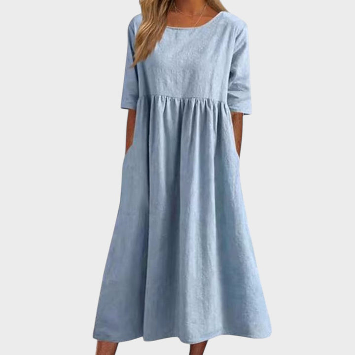 Lucia | Vestido de algodón con cuello redondo y detalle en la cintura