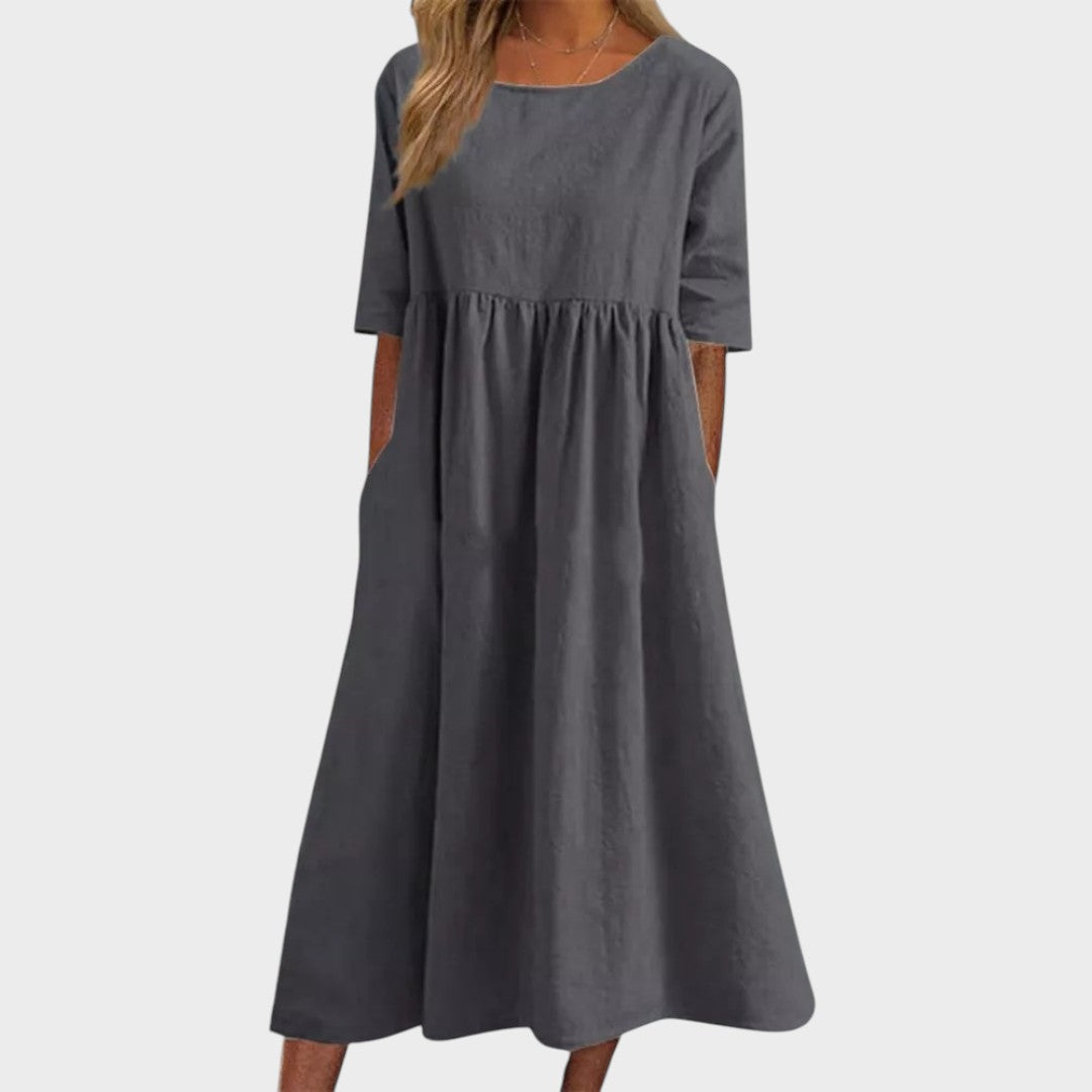 Lucia | Vestido de algodón con cuello redondo y detalle en la cintura