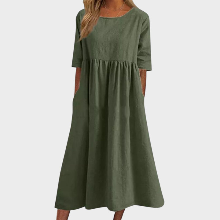 Lucia | Vestido de algodón con cuello redondo y detalle en la cintura
