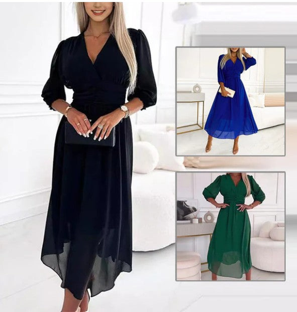 Vestido Midi em Chiffon com Decote V