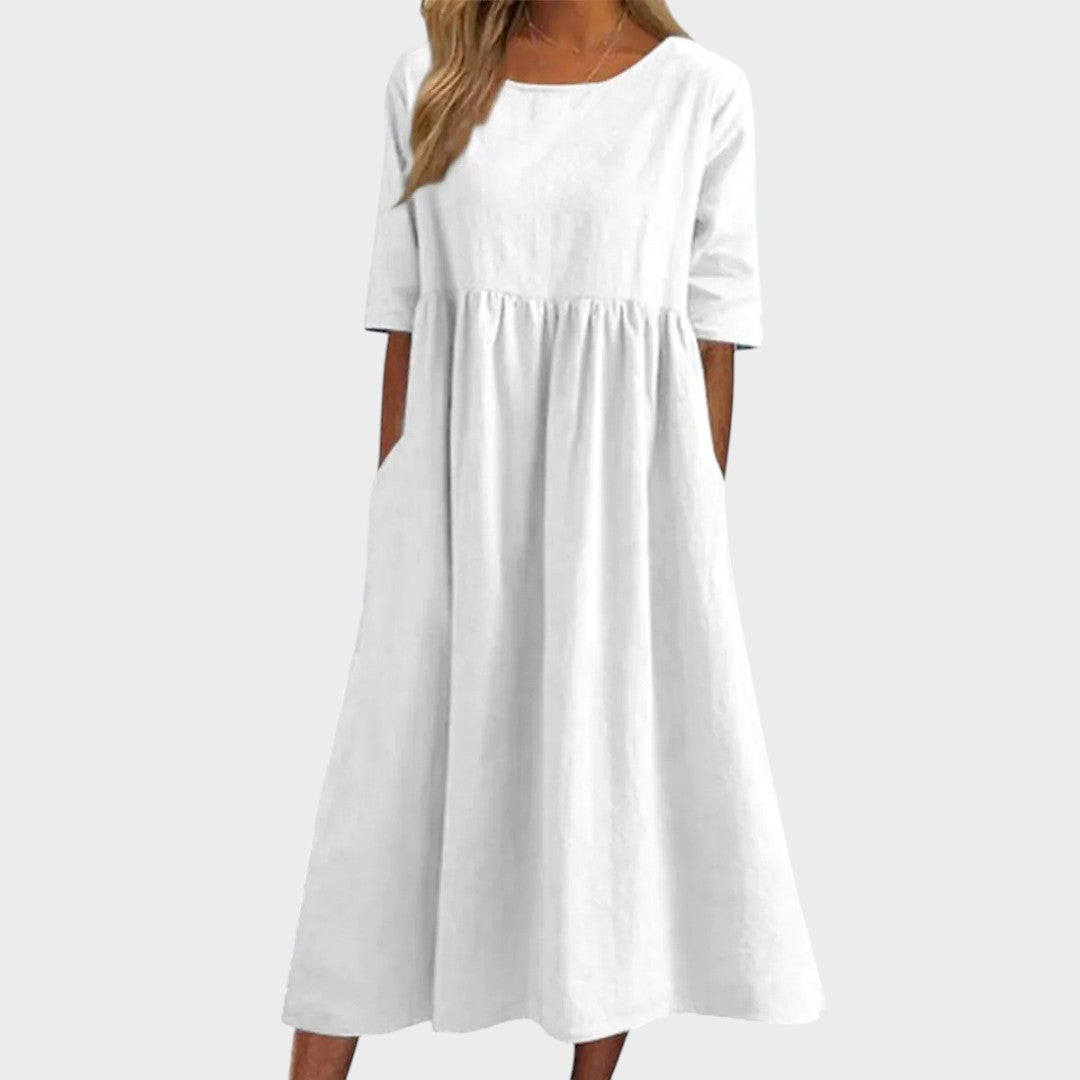 Lucia | Vestido de algodón con cuello redondo y detalle en la cintura
