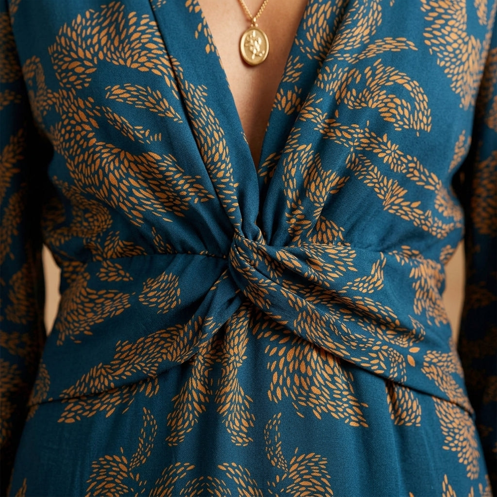 Vestido Midi Estampado Decote em V com Nó Frontal Elegante