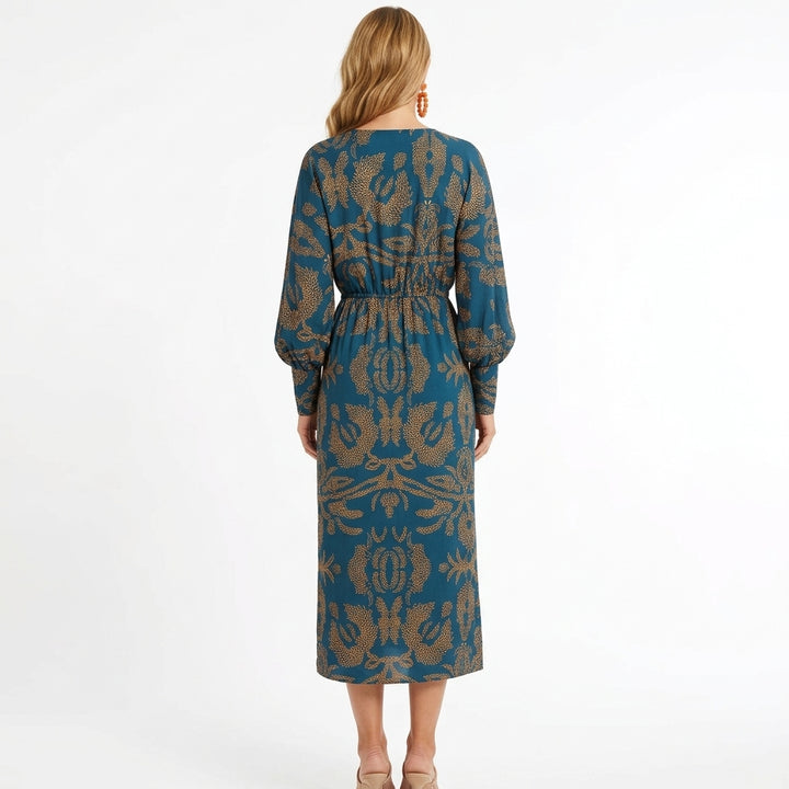 Vestido Midi Estampado Decote em V com Nó Frontal Elegante