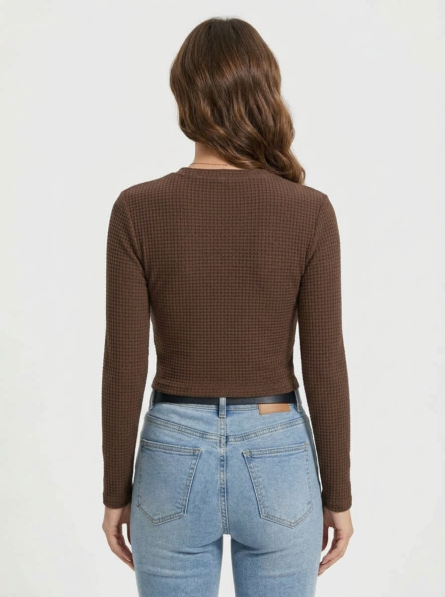 Camisola Malha Justa com Decote Redondo e Manga Comprida