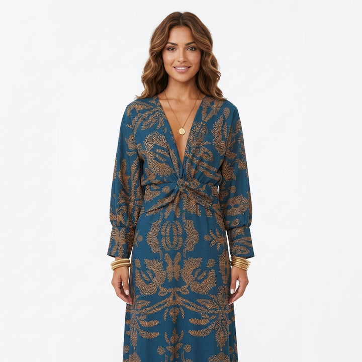 Vestido Midi Estampado Decote em V com Nó Frontal Elegante
