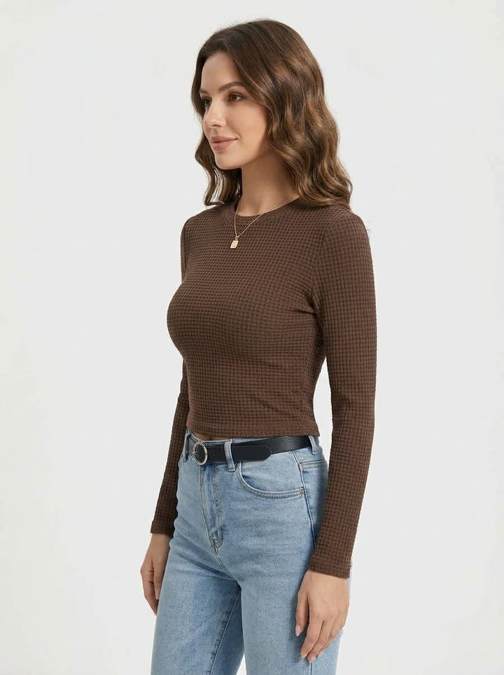 Camisola Malha Justa com Decote Redondo e Manga Comprida