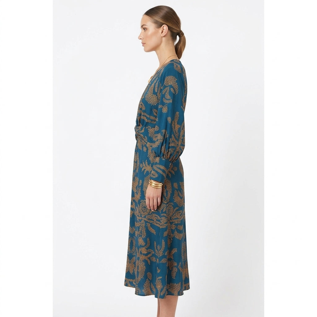 Vestido Midi Estampado Decote em V com Nó Frontal Elegante