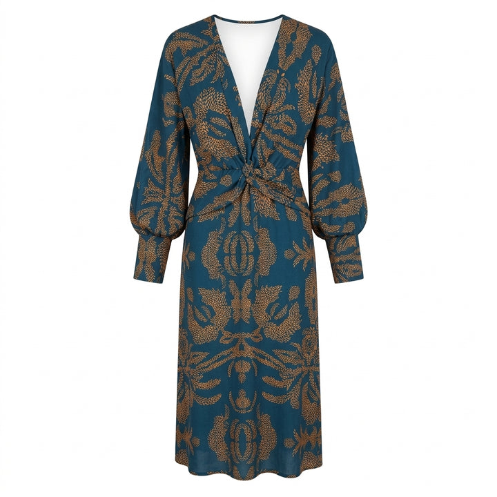 Vestido Midi Estampado Decote em V com Nó Frontal Elegante