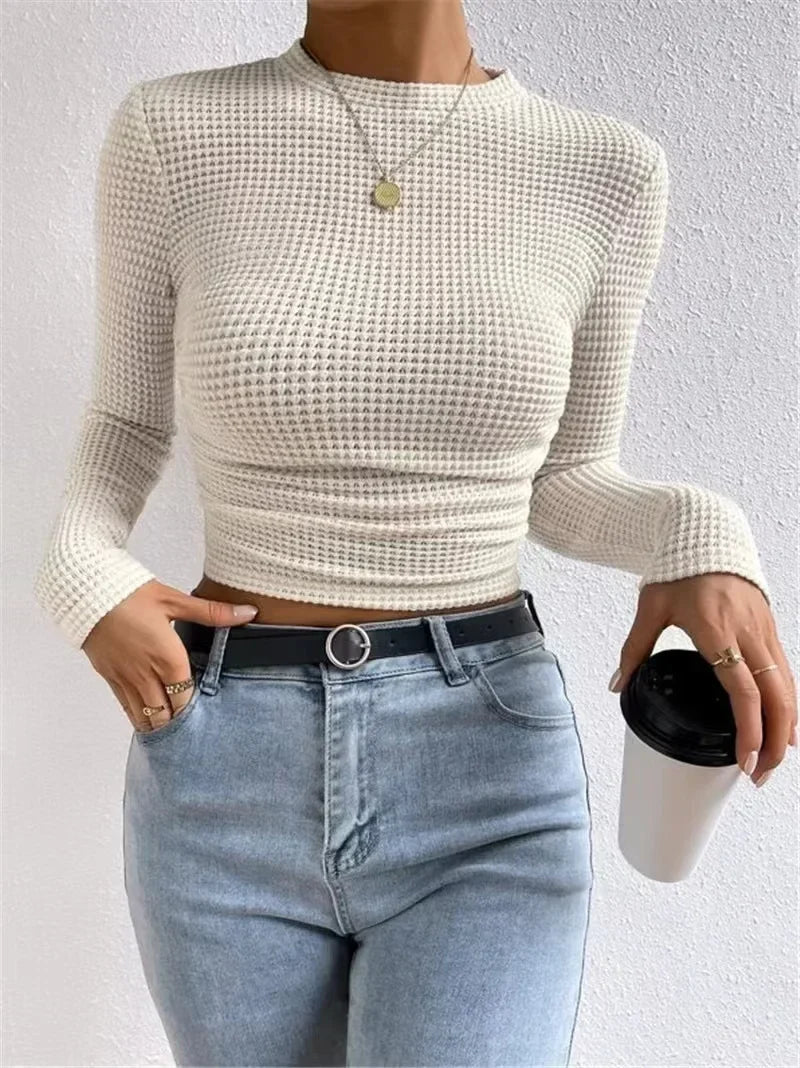 Camisola Malha Justa com Decote Redondo e Manga Comprida