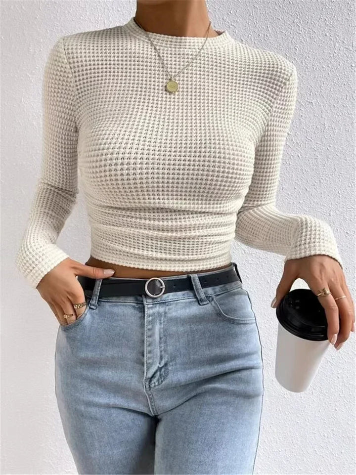 Camisola Malha Justa com Decote Redondo e Manga Comprida