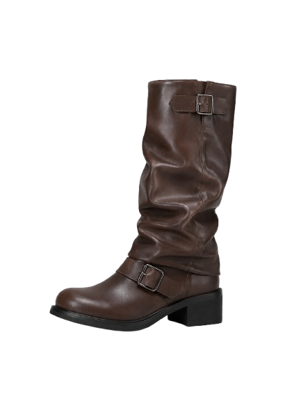 Botas de Motociclista Femininas de Cano Alto – Botas de Salto Baixo com Detalhe de Fivela