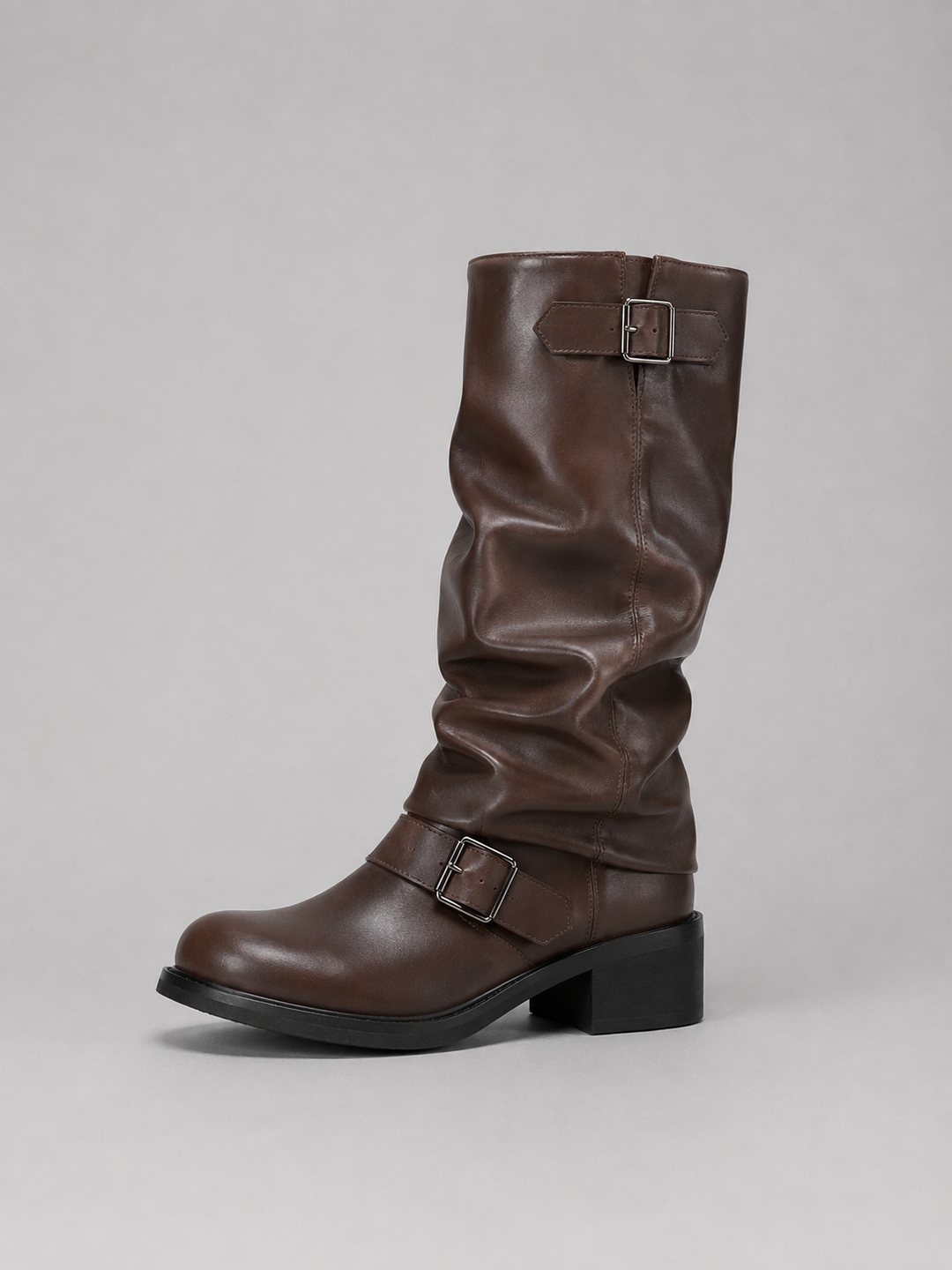 Botas de Motociclista Femininas de Cano Alto – Botas de Salto Baixo com Detalhe de Fivela