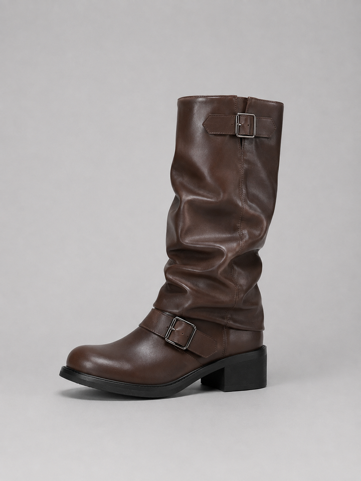 Botas de Motociclista Femininas de Cano Alto – Botas de Salto Baixo com Detalhe de Fivela
