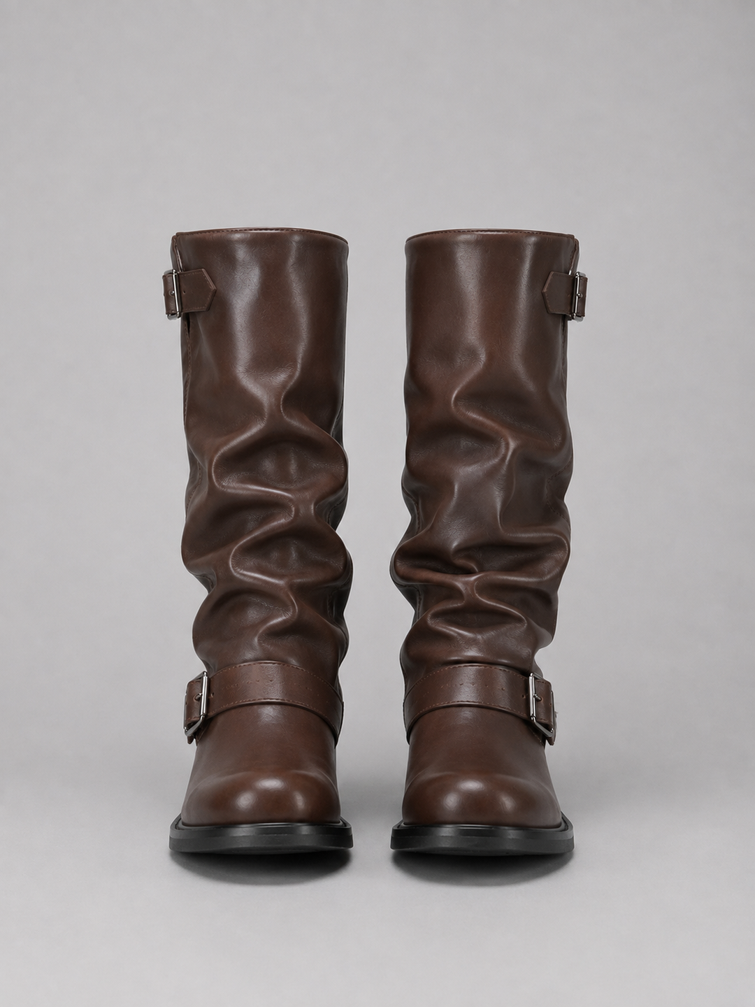 Botas de Motociclista Femininas de Cano Alto – Botas de Salto Baixo com Detalhe de Fivela