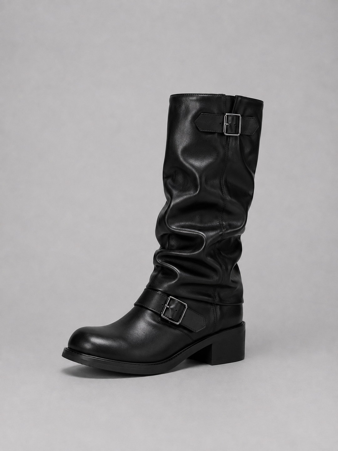 Botas de Motociclista Femininas de Cano Alto – Botas de Salto Baixo com Detalhe de Fivela