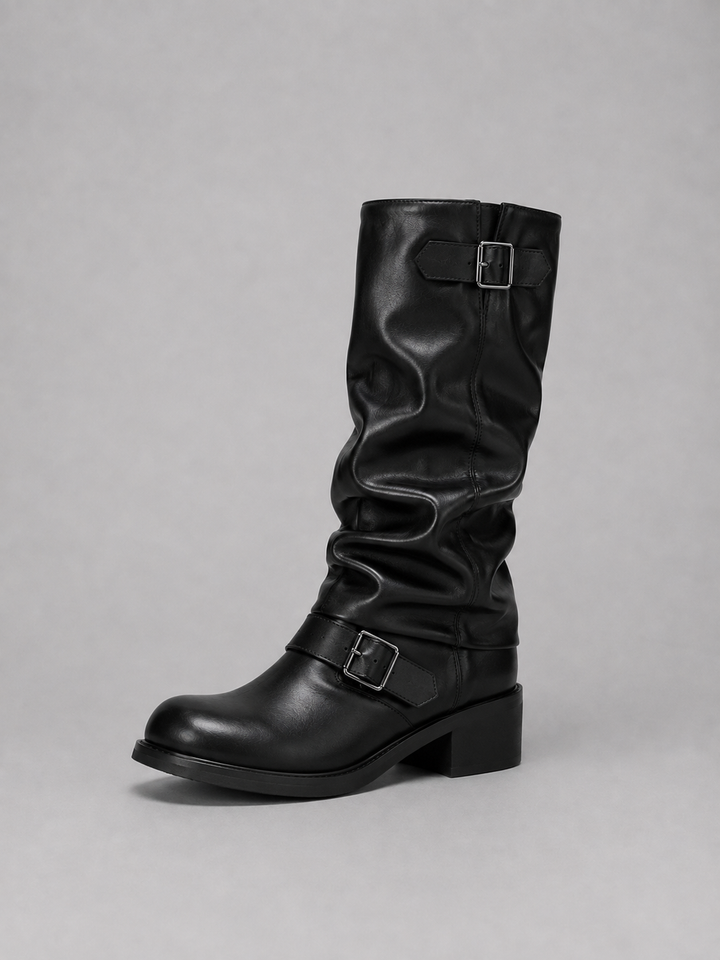 Botas de Motociclista Femininas de Cano Alto – Botas de Salto Baixo com Detalhe de Fivela