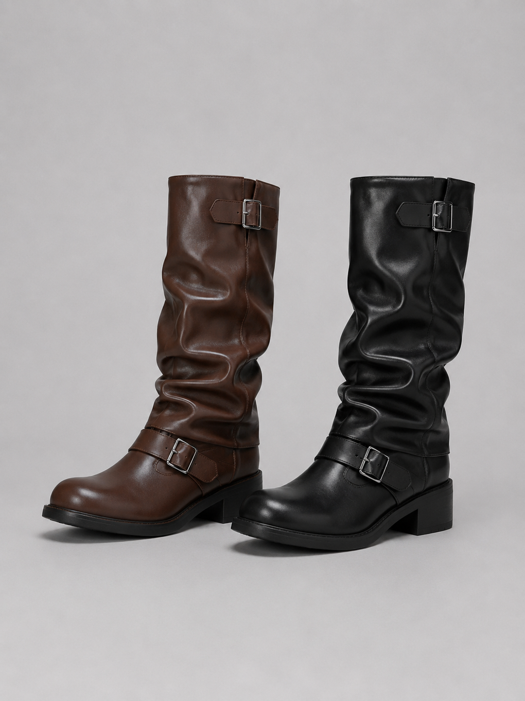 Botas de Motociclista Femininas de Cano Alto – Botas de Salto Baixo com Detalhe de Fivela