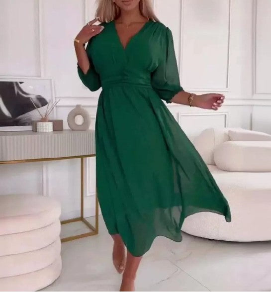 Vestido Midi em Chiffon com Decote V