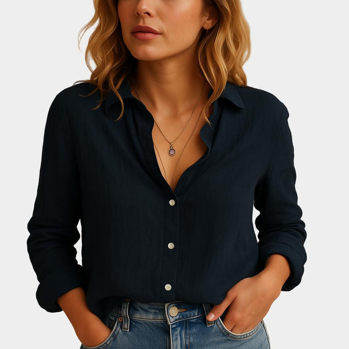 Camisa Linho Casual com Botões e Colarinho Clássico