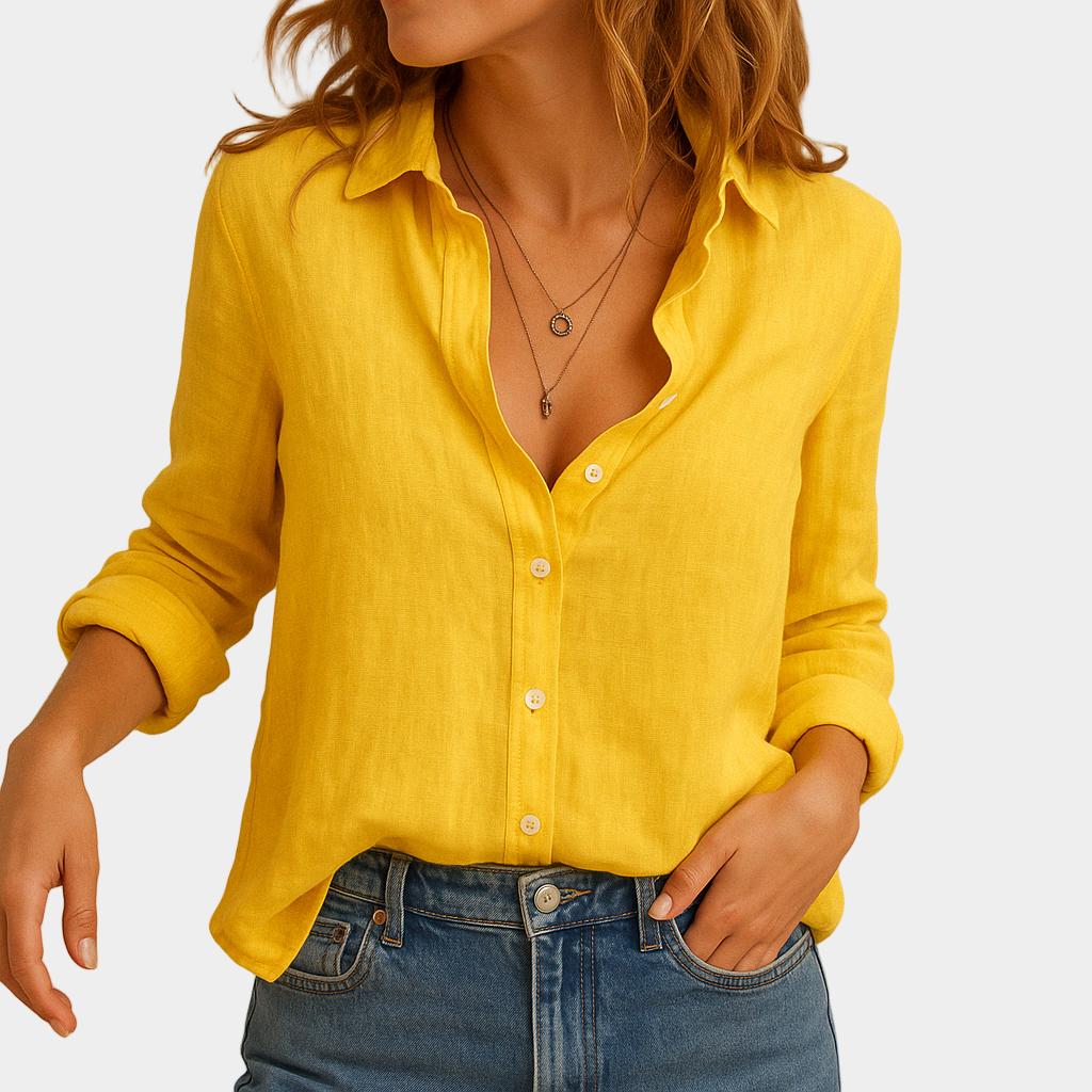 Camisa Linho Casual com Botões e Colarinho Clássico