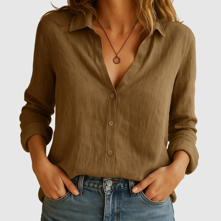 Camisa Linho Casual com Botões e Colarinho Clássico