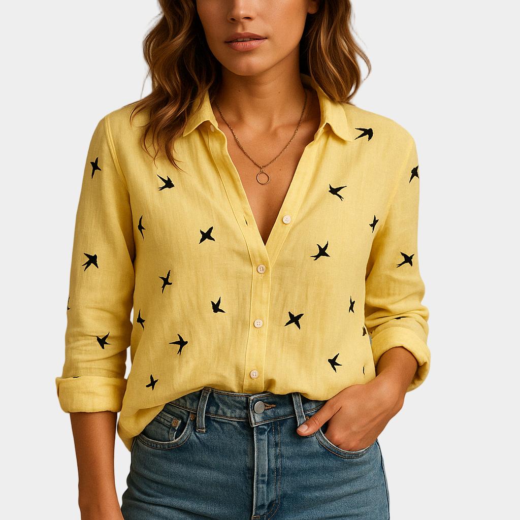 Camisa Linho Casual com Botões e Colarinho Clássico